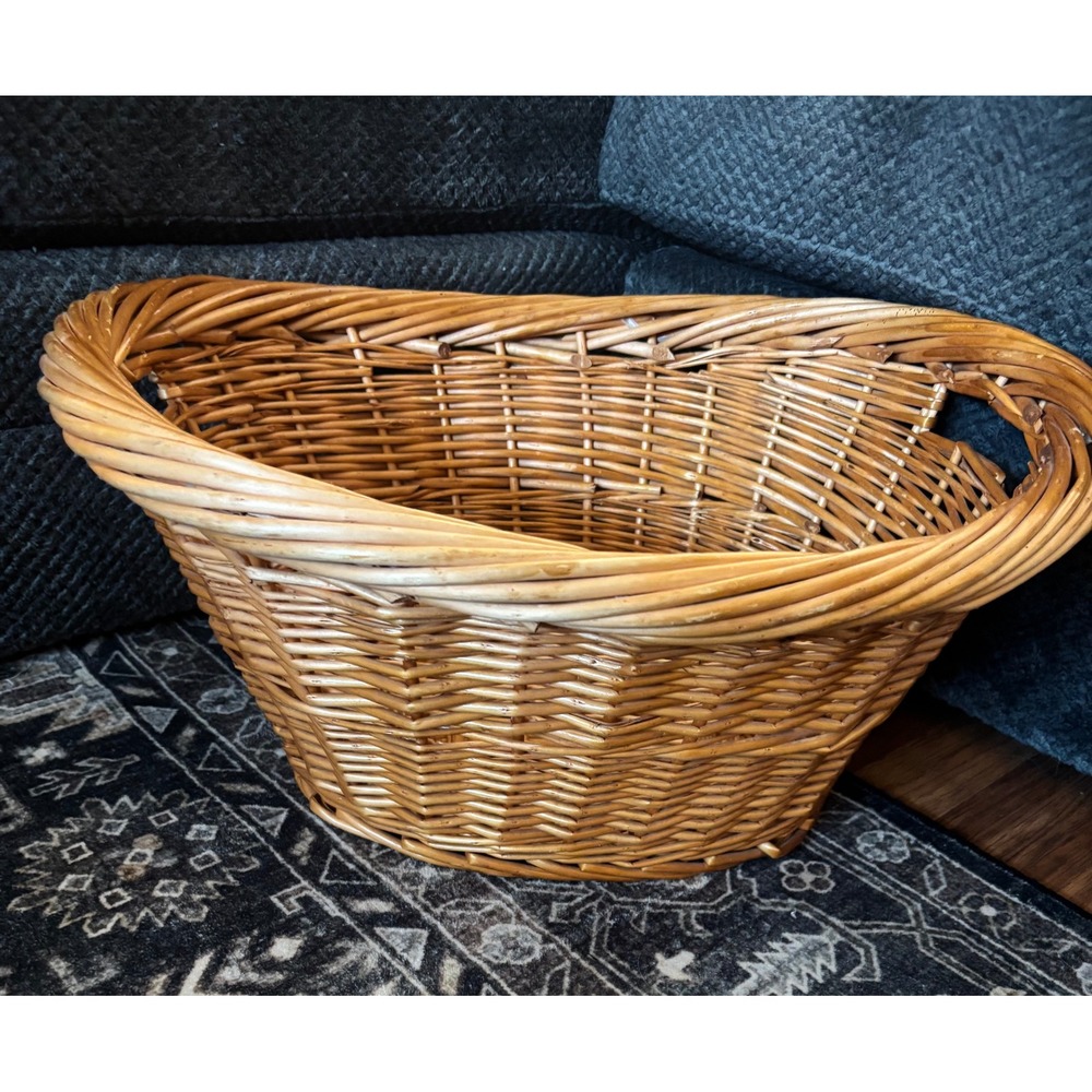 Large Vintage Wicker Woven Laundry Basket With Handles.